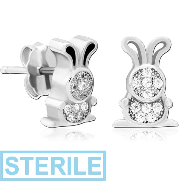 STERILE STERLING SILVER 925 JEWELLED EAR STUDS PAIR - RABBIT