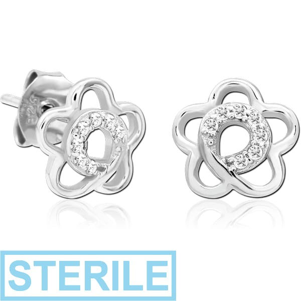 STERILE STERLING SILVER 925 JEWELLED EAR STUDS PAIR - FLOWER
