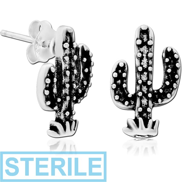 STERILE STERLING SILVER 925 EAR STUDS PAIR - CACTUS
