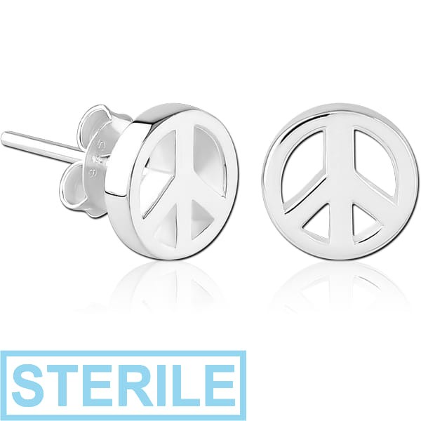 STERILE STERLING SILVER 925 EAR STUDS PAIR - PEACE SIGN