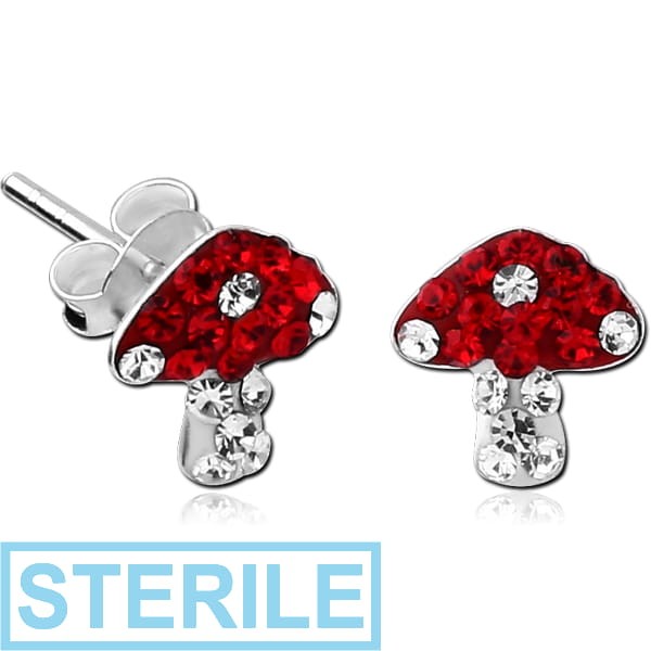 STERILE STERLING SILVER 925 CRYSTALINE EAR STUDS PAIR - MUSHROOM