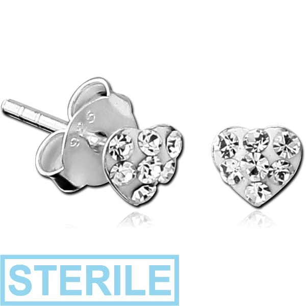 STERILE STERLING SILVER 925 CRYSTALINE EAR STUDS PAIR - HEART