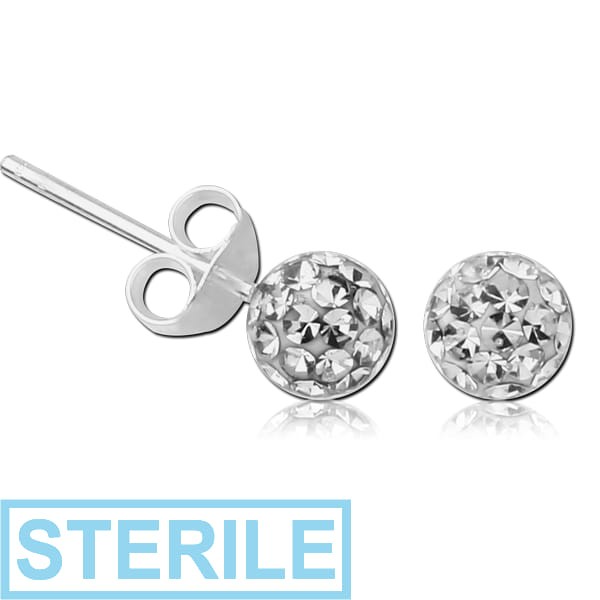 STERILE STERLING SILVER 925 CRYSTALINE EAR STUDS PAIR - BALL