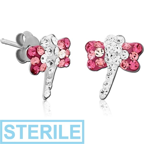 STERILE STERLING SILVER 925 CRYSTALINE EAR STUDS PAIR - BUTTERFLY