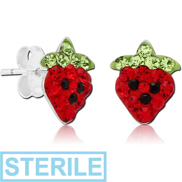 STERILE STERLING SILVER 925 CRYSTALINE EAR STUDS PAIR - STRAWBERRY