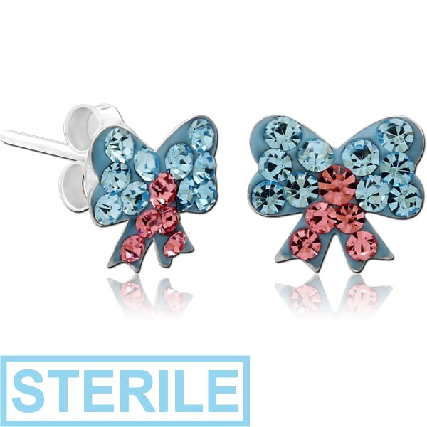 STERILE STERLING SILVER 925 CRYSTALINE EAR STUDS PAIR - BOW