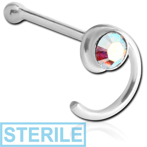 STERILE STERLING SILVER 925 JEWELLED SPIRAL NOSE BONE