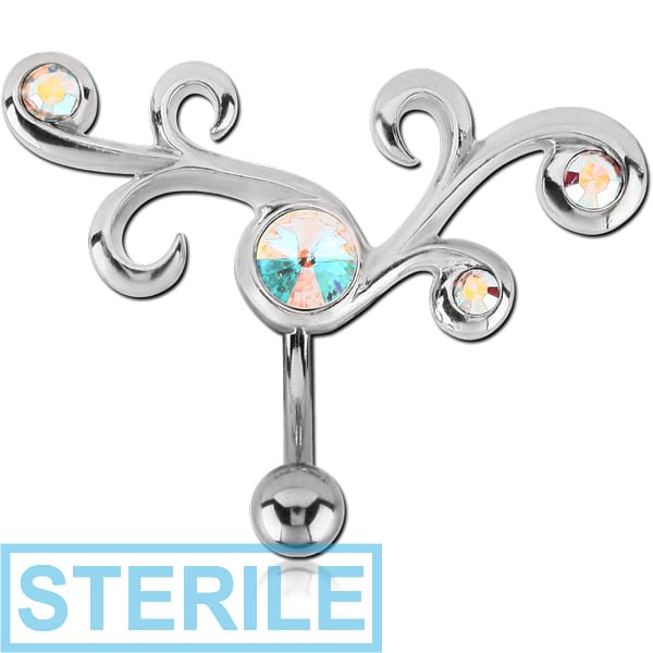 STERILE RHODIUM PLATED HIGH END CRYSTAL JEWELLED FASHION NAVEL BANANA WITH TITANIUM PIN AND BALL