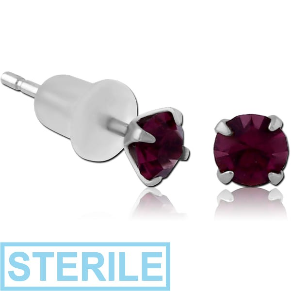 STERILE PAIR OF TITANIUM ROUND PRONG SET JEWELLED WITH SILICONE BUTTERFLY EAR STUDS