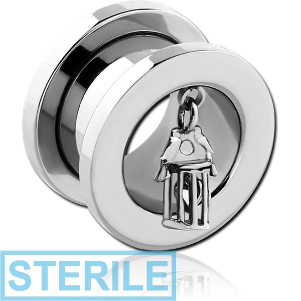 STERILE STAINLESS STEEL THREADED TUNNEL WITH BIRDS ON CAGE CHARM