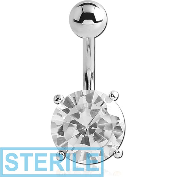 STERILE 14K WHITE GOLD JEWELLED FASHION NAVEL BANANA WITH PLAIN HOLLOW TOP BALL
