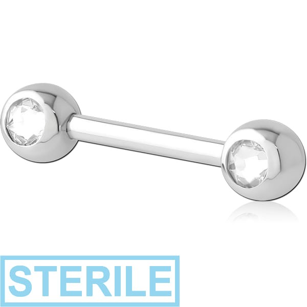 STERILE 14K WHITE GOLD DOUBLE SIDE PREMIUM CRYSTALS JEWELLED NIPPLE BARBELL