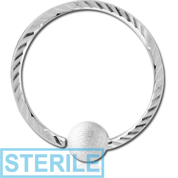 STERILE 14K WHITE GOLD FIXED BEAD RING WITH DIAMOND CUTTING AND BRUSHED BALL