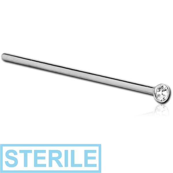 STERILE 14K WHITE GOLD STRAIGHT BEZEL SET CZ NOSE STUD