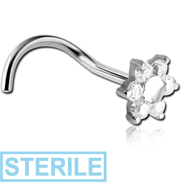 STERILE 14K WHITE GOLD CURVED PRONG SET FLOWER NOSE STUD