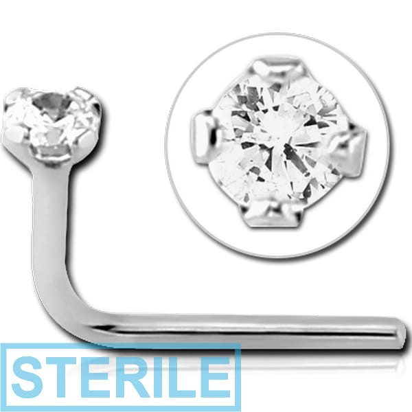 STERILE 14K WHITE GOLD 90 DEGREE PRONG SET CZ NOSE STUD