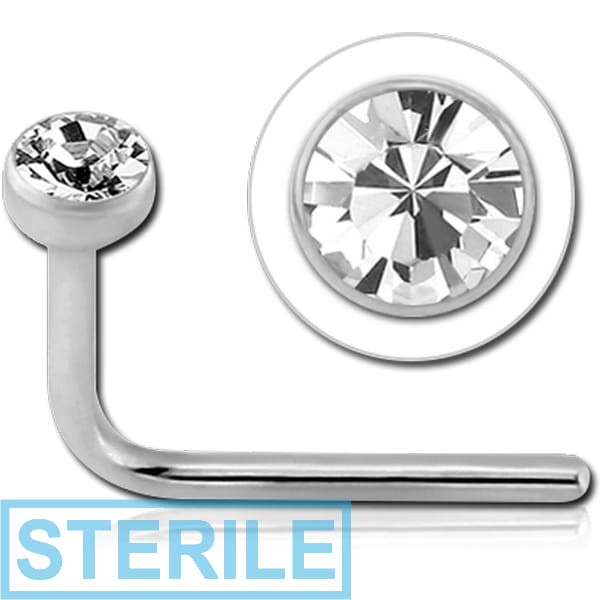 STERILE 14K WHITE GOLD 90 DEGREE BEZEL SET CZ NOSE STUD FOR