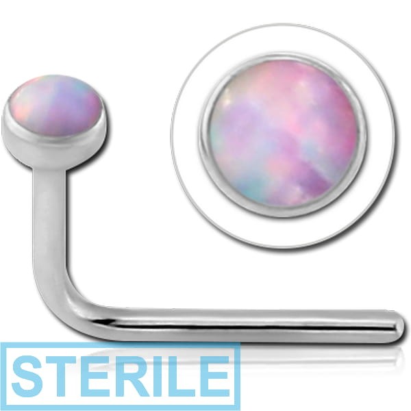 STERILE 14K WHITE GOLD 90 DEGREE BEZEL SET SYNTHETIC OPAL NOSE STUD FOR