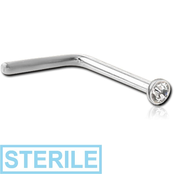 STERILE 14K WHITE GOLD 1.5MM BEZEL SET PREMIUM CRYSTAL JEWELLED 90 DEGREE NOSE STUD