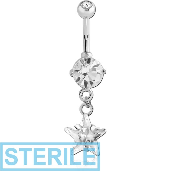 STERILE 18K WHITE GOLD STAR CZ DANGLE NAVEL BANANA WITH JEWELLED TOP BALL