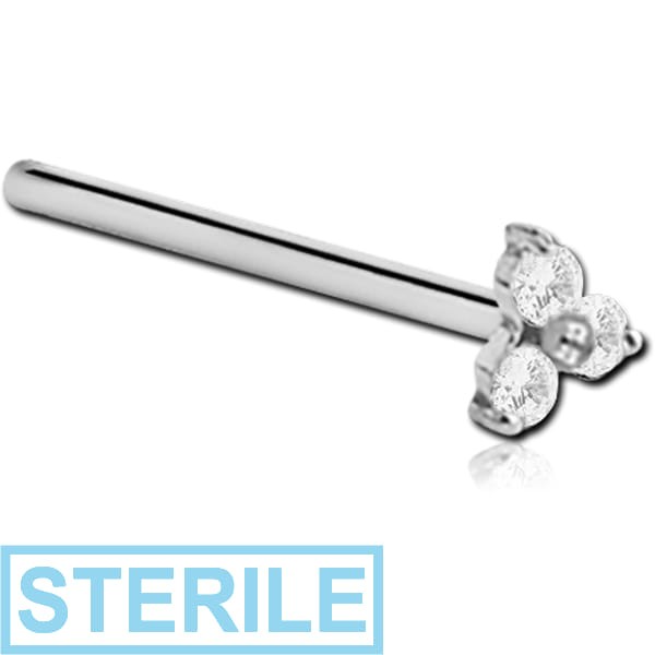 STERILE 18K WHITE GOLD PRONG SET TRINITY JEWELLED STRAIGHT LARGE NOSE STUD