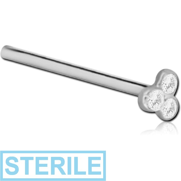 STERILE 18K GOLD BEZEL SET TRINITY JEWELLED STRAIGHT LARGE NOSE STUD