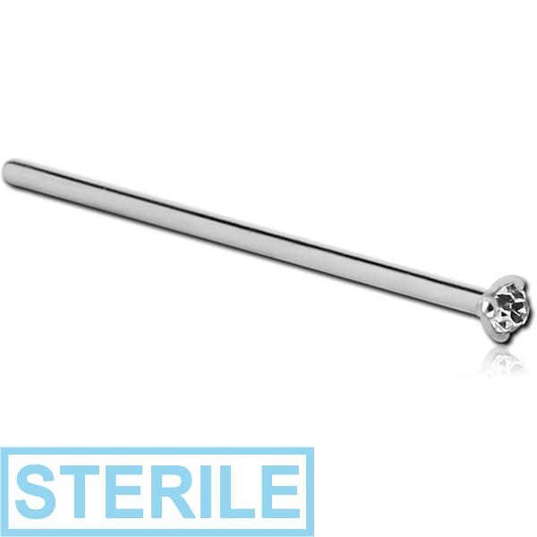 STERILE 18K WHITE GOLD STRAIGHT 15MM LARGE NOSE STUD WITH 1.35MM PRONG SET DIAMOND