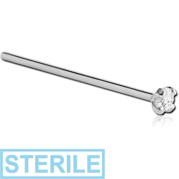 STERILE 18K WHITE GOLD STRAIGHT 19MM LARGE NOSE STUD WITH 2.5MM PRONG SET DIAMOND