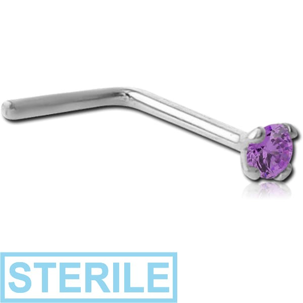 STERILE 18K WHITE GOLD 2MM PRONG SET JEWELLED 90 DEGREE NOSE STUD