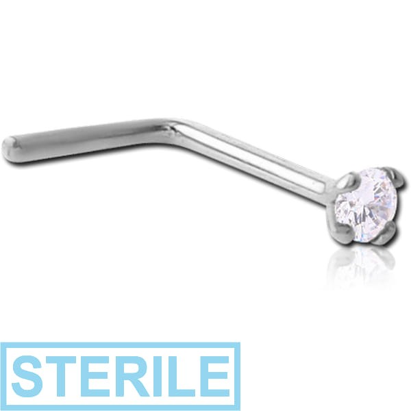 STERILE 18K WITHE GOLD 2.5MM PRONG SET JEWELLED 90 DEGREE NOSE STUD