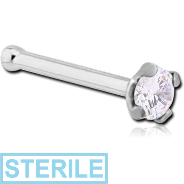 STERILE 18K WHITE GOLD 2.5MM PRONG SET JEWELLED NOSE BONE