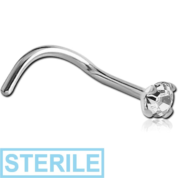 STERILE 18K WITHE GOLD 2.5MM PRONG SET JEWELLED CURVED NOSE STUD