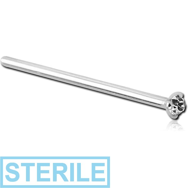 STERILE 18K WHITE GOLD STRAIGHT 15MM NOSE STUD WITH 1.35MM PRONG SET DIAMOND