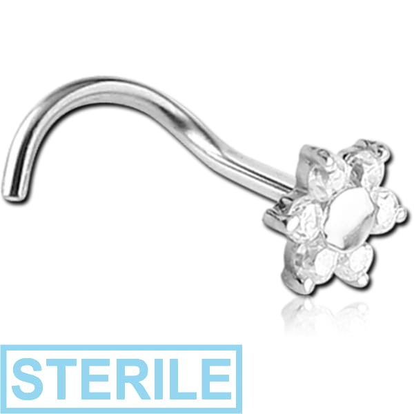 STERILE 18K WHITE GOLD PRONG SET FOWER JEWELLED CURVED NOSE STUD