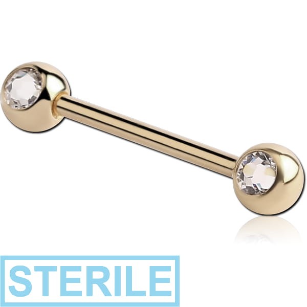 STERILE ZIRCON GOLD PVD COATED SURGICAL STEEL DOUBLE SIDE HIGH END CRYSTALS JEWELLED NIPPLE BARBELL