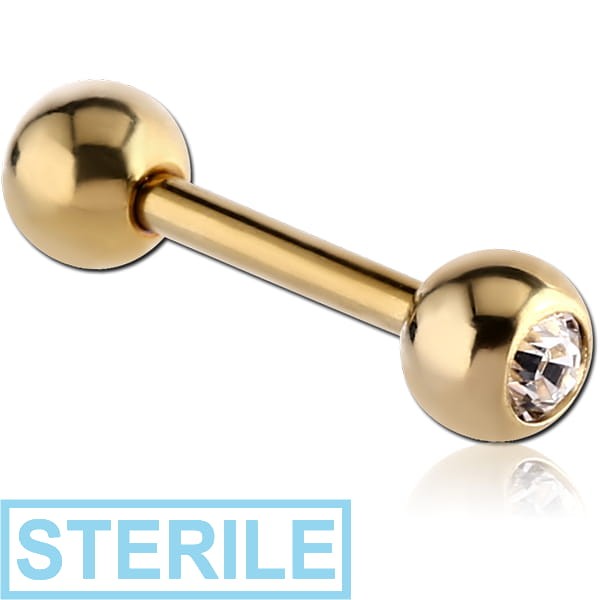 STERILE ZIRCON GOLD PVD COATED SURGICAL STEEL HIGH END CRYSTAL JEWELLED BARBELL