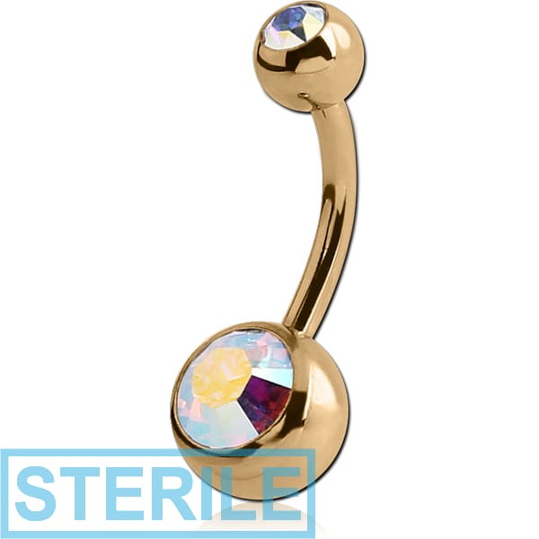 STERILE ZIRCON GOLD PVD COATED SURGICAL STEEL DOUBLE HIGH END CRYSTALS JEWELLED NAVEL BANANA