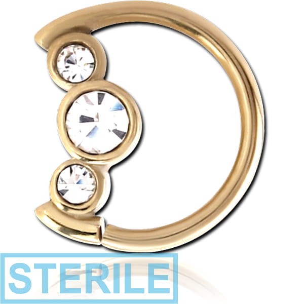 STERILE ZIRCON GOLD PVD COATED SURGICAL STEEL JEWELLED OPEN MOON SEAMLESS RING