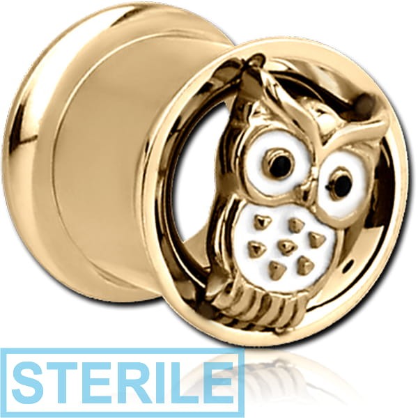 STERILE ZIRCON GOLD PVD COATED STAINLESS STEEL DOUBLE FLARED INTERNALLY THREADED TUNNEL - OWL