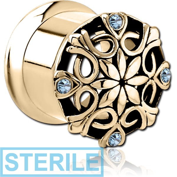 STERILE ZIRCON GOLD PVD COATED STAINLESS STEEL DOUBLE FLARED INTERNALLY THREADED JEWELLED TUNNEL