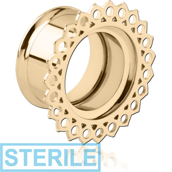 STERILE ZIRCON GOLD PVD COATED STAINLESS STEEL DOUBLE FLARED INTERNALLY THREADED TUNNEL