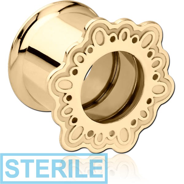 STERILE ZIRCON GOLD PVD COATED STAINLESS STEEL DOUBLE FLARED INTERNALLY THREADED TUNNEL