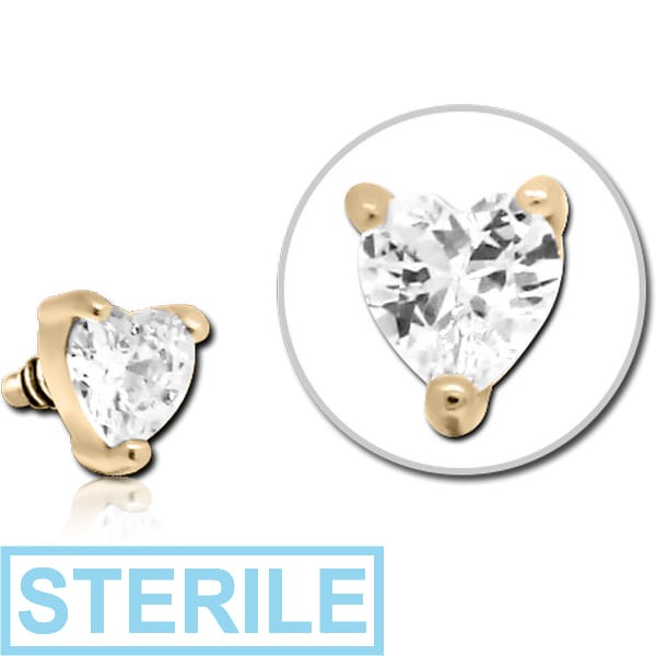 STERILE ZIRCON GOLD PVD COATED SURGICAL STEEL JEWELLED ATTACHMENT FOR 1.6MM INTERNALLY THREADED PINS - HEART