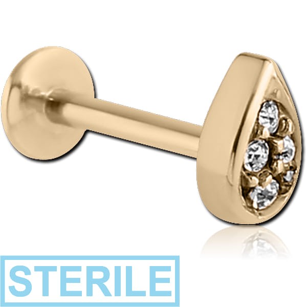 STERILE ZIRCON GOLD PVD COATED SURGICAL STEEL INTERNALLY THREADED JEWELLED MICRO LABRET PEAR DROP