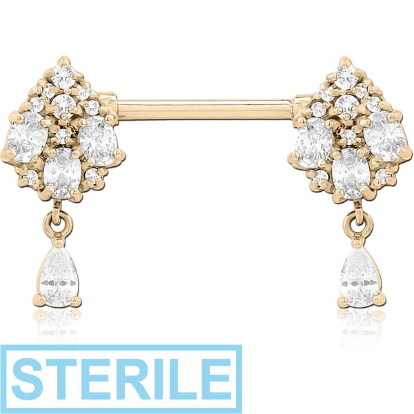 STERILE ZIRCON GOLD PVD COATED SURGICAL STEEL NIPPLE PIERCING INTERNAL THREADED BAR WITH MOVING CHARM FINE JEWELLED