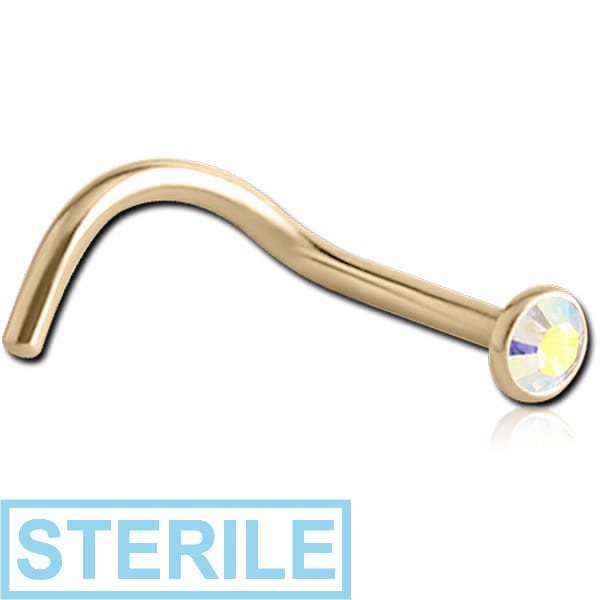 STERILE ZIRCON GOLD PVD COATED SURGICAL STEEL HIGH END CRYSTAL JEWELLED CURVED NOSE STUD