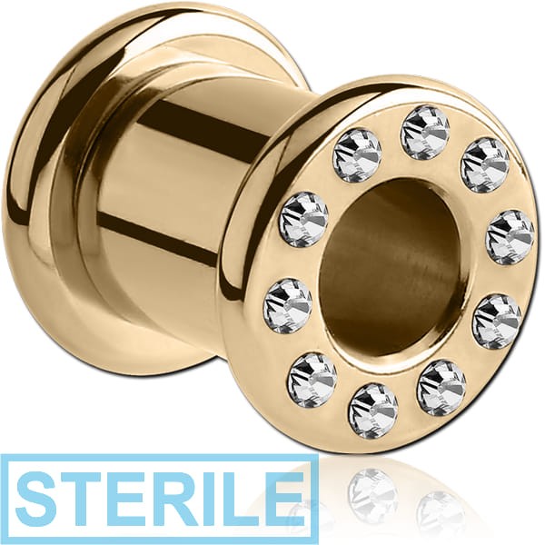 STERILE ZIRCON GOLD PVD COATED STAINLESS STEEL JEWELLED ROUND-EDGE TUNNEL WITH RESIN