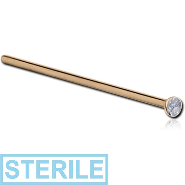 STERILE ZIRCON GOLD PVD COATED SURGICAL STEEL LARGE CURVE JEWELLED NOSE STUD LEFT
