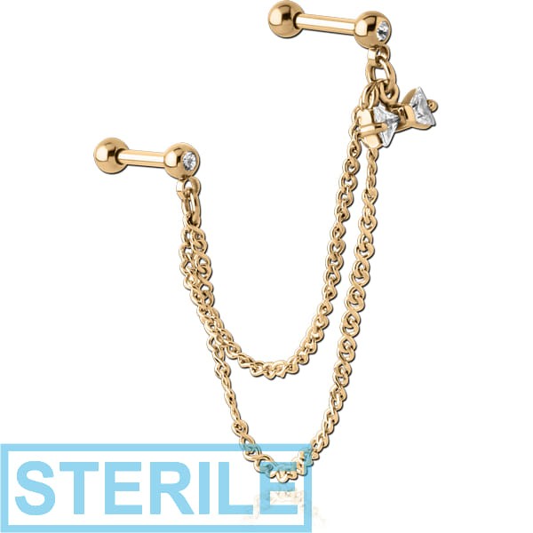 STERILE ZIRCON GOLD PVD COATED SURGICAL STEEL JEWELLED TRAGUS MICRO BARBELLS CHAIN LINKED - BOW