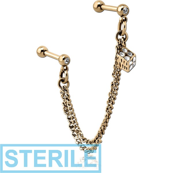 STERILE ZIRCON GOLD PVD COATED SURGICAL STEEL JEWELLED TRAGUS MICRO BARBELLS CHAIN LINKED - RUBIK